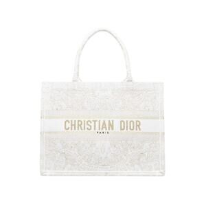 Christian Dior White/Gold Around the World Embroidered Canvas Medium Tote Bag
